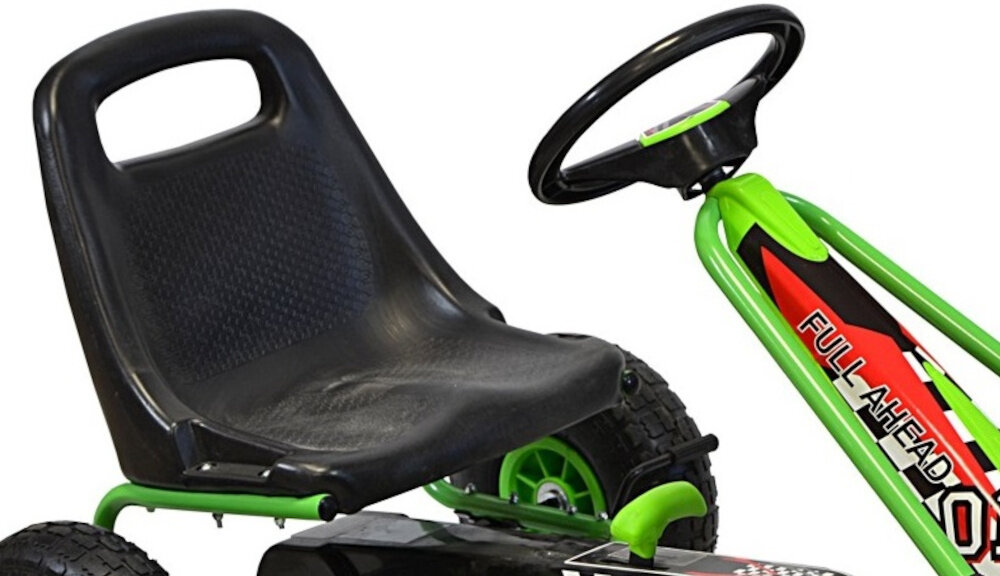 Gokart na pedały ENERO 01 Zielony zbliżenie na siedzisko kartingowe kubełkowe siedzisko z możliwością regulacji odległości w dwóch poziomach ergonomiczny kształt odpowiednie podparcie pleców
