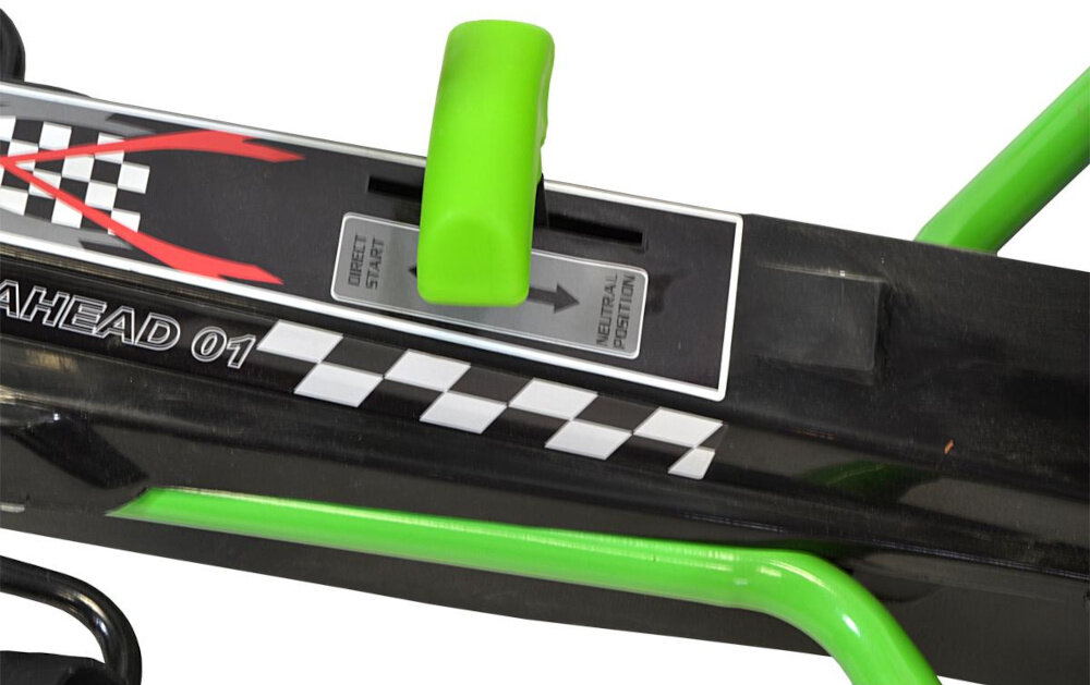 Gokart na pedały ENERO 01 Zielony zbliżenie na dźwignię zmiany biegów napęd na pedały z przekładnią łańcuchową jazda do przodu i do tyłu funkcja wolnobiegu można toczyć się bez pedałowania dziecko uczy się kontrolować pojazd i prędkość
