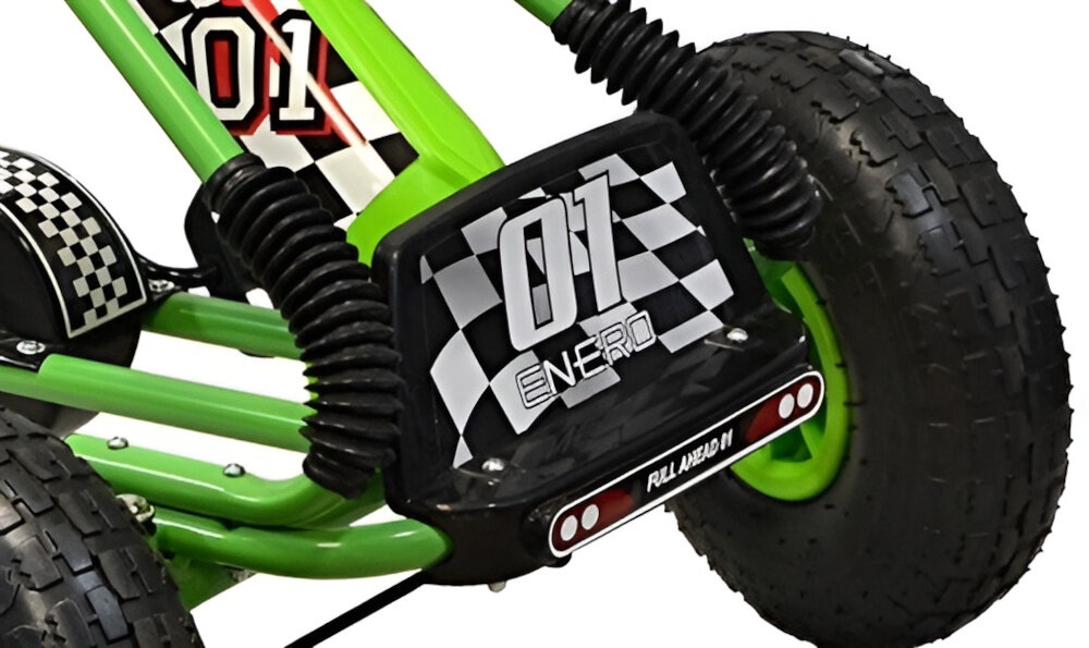 Gokart na pedały ENERO 01 Zielony zbliżenie na zderzak skutki drobnych kolizji i uderzeń podczas zabawy zderzak zwiększa bezpieczeństwo i komfort codziennej zabawy