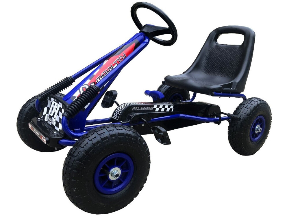 Gokart na pedały ENERO 01 Zielony gokart na białym tle widoczny od przodu pod skosem wymiary 101 x 62 x 61 cm waga 11,7 kg obciążenie do 30 kg do dzieci powyżej 3 roku życia zgodność z europejską normą EN 71 spełnia wszystkie wymogi bezpieczeństwa