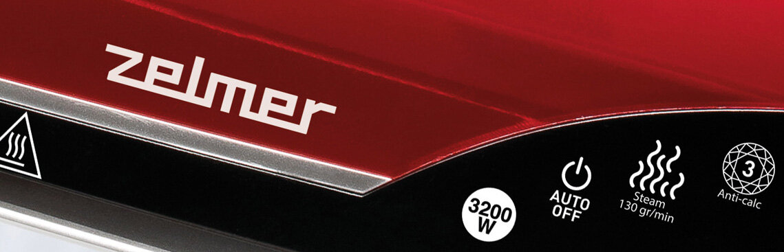 Część żelazka z widocznym logo \'zelmer\' oraz ikonami: 3200 W, AUTO OFF, Steam 130 gr/min, Anti-calc.