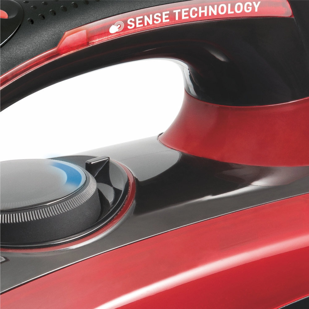 Część żelazka w kolorze czerwonym z czarnymi elementami, widoczny napis \'SENSE TECHNOLOGY\'.