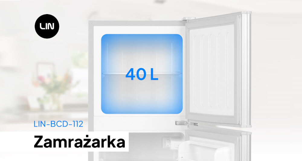 Obraz przedstawia otwartą zamrażarkę z napisem \'40 L\' na niebieskim tle. Widoczne są również logo \'LIN\' oraz tekst \'LIN-BCD-112 Zamrażarka\'.