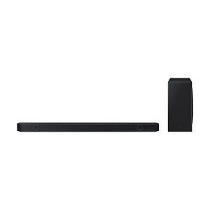 Czarny soundbar i bezprzewodowy subwoofer ustawione obok siebie na białym tle. Soundbar jest długi i wąski, a subwoofer ma prostokątny kształt.