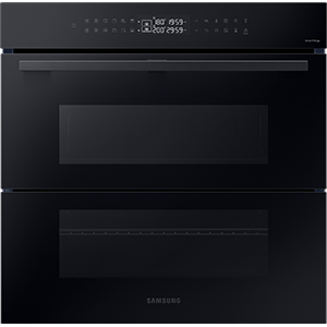 Czarny piekarnik z dwoma komorami i panelem dotykowym na górze. Na panelu widoczne są cyfry i symbole, a na dole znajduje się logo \'SAMSUNG\'.