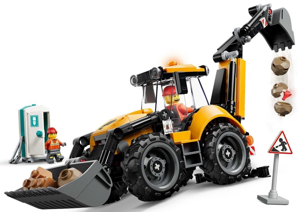 Zestaw LEGO przedstawia żółtą koparko-ładowarkę z ruchomymi elementami oraz dwie figurki pracowników budowy. Obok znajduje się przenośna toaleta i znak ostrzegawczy z symbolem prac budowlanych.