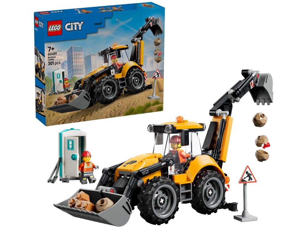 Zestaw LEGO City z żółtą koparko-ładowarką, figurką pracownika budowy i przenośną toaletą. Na opakowaniu widnieje napis \'7+\', \'60480\', \'301 pcs\'.
