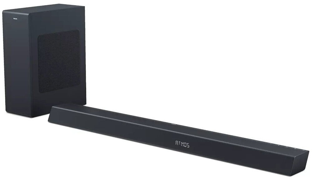 Na obrazie widoczny jest czarny soundbar z wyświetlaczem pokazującym napis \'ATMOS\' oraz subwoofer w tym samym kolorze. Oba urządzenia mają prosty, nowoczesny design.