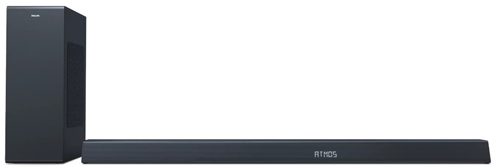 Na obrazie widoczny jest czarny soundbar z napisem \'ATMOS\' oraz subwoofer z logo \'PHILIPS\'.