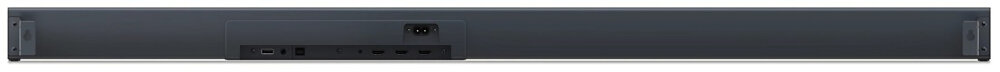 Czarny soundbar z widocznymi portami i złączami na tylnej stronie obudowy.
