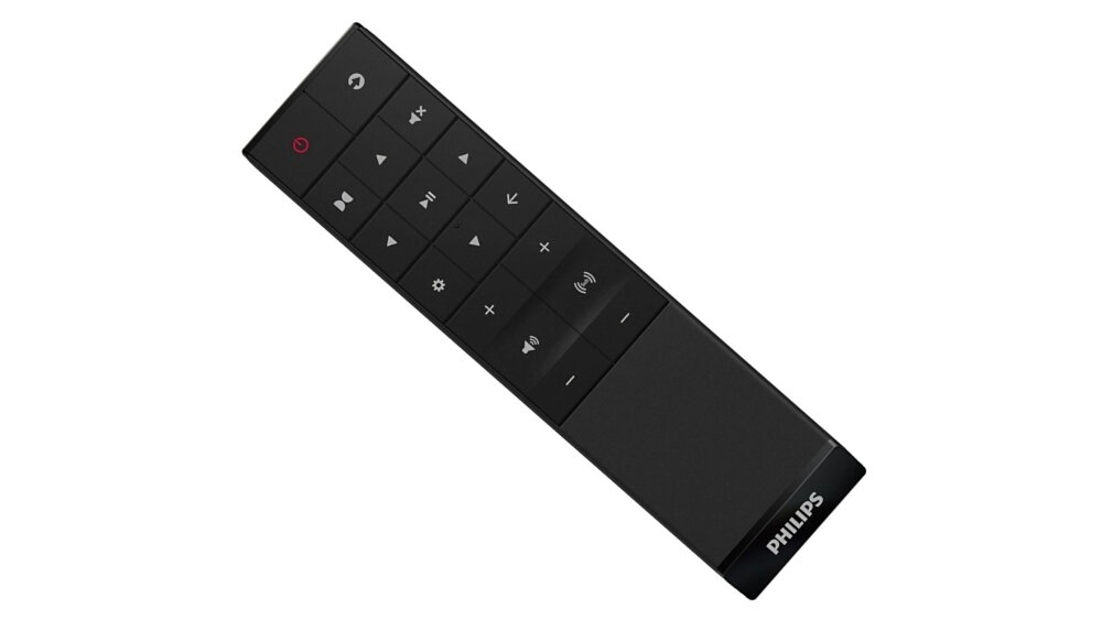 Czarny pilot zdalnego sterowania z logo \'PHILIPS\' na dole, posiadający przyciski do regulacji głośności, odtwarzania, pauzy oraz innych funkcji multimedialnych.