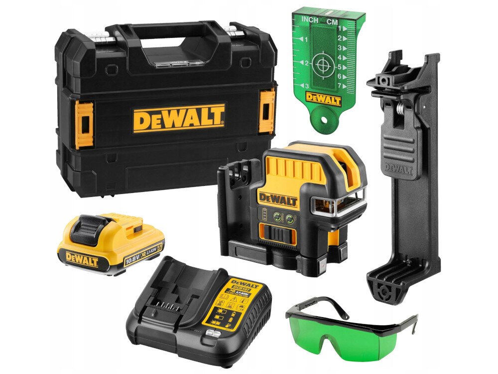 Laser punktowo-krzyżowy DEWALT DCE0825D1G w zestawie walizka systemowa TSTAK akumulator Li-Ion 2,0 Ah DCB127 ładowarka zaczep montażowy tarcza celownicza okulary ochronne