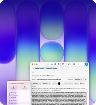 Na ekranie laptopa wyświetlony jest interfejs programu pocztowego z widocznym tekstem e-maila. W tle znajduje się abstrakcyjna grafika w odcieniach niebieskiego i fioletowego.