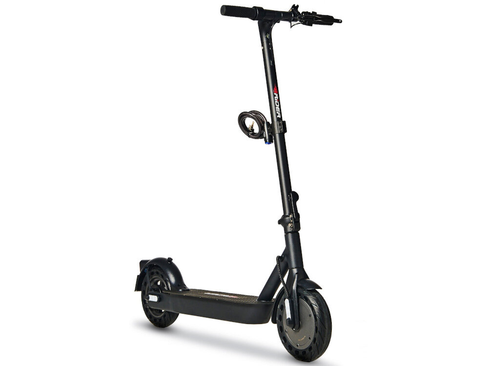 Czarna hulajnoga elektryczna z dużymi kołami i prostą kierownicą. Na pionowym elemencie widoczny jest napis \'RIDER\'.
