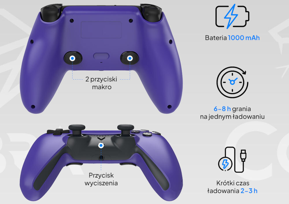 Fioletowy kontroler z dwoma przyciskami makro i przyciskiem wyciszenia. Informacje: Bateria 1000 mAh, 6-8 h grania na jednym ładowaniu, krótki czas ładowania 2-3 h.