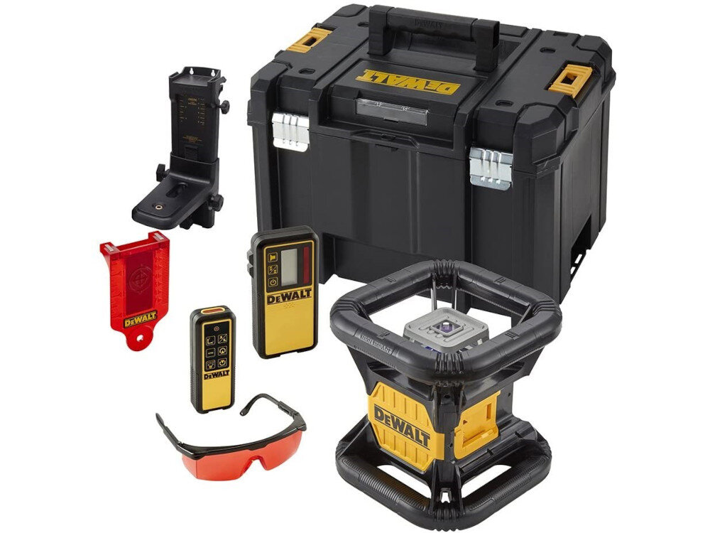 Laser rotacyjny DEWALT DCE079D1R-QW w zestawie okulary tarcza celownicza detektor uchwyt ścienny pilot akumulator 18 V XR 2,0 Ah ładowarka walizka systemowa T-STAK-Box VI