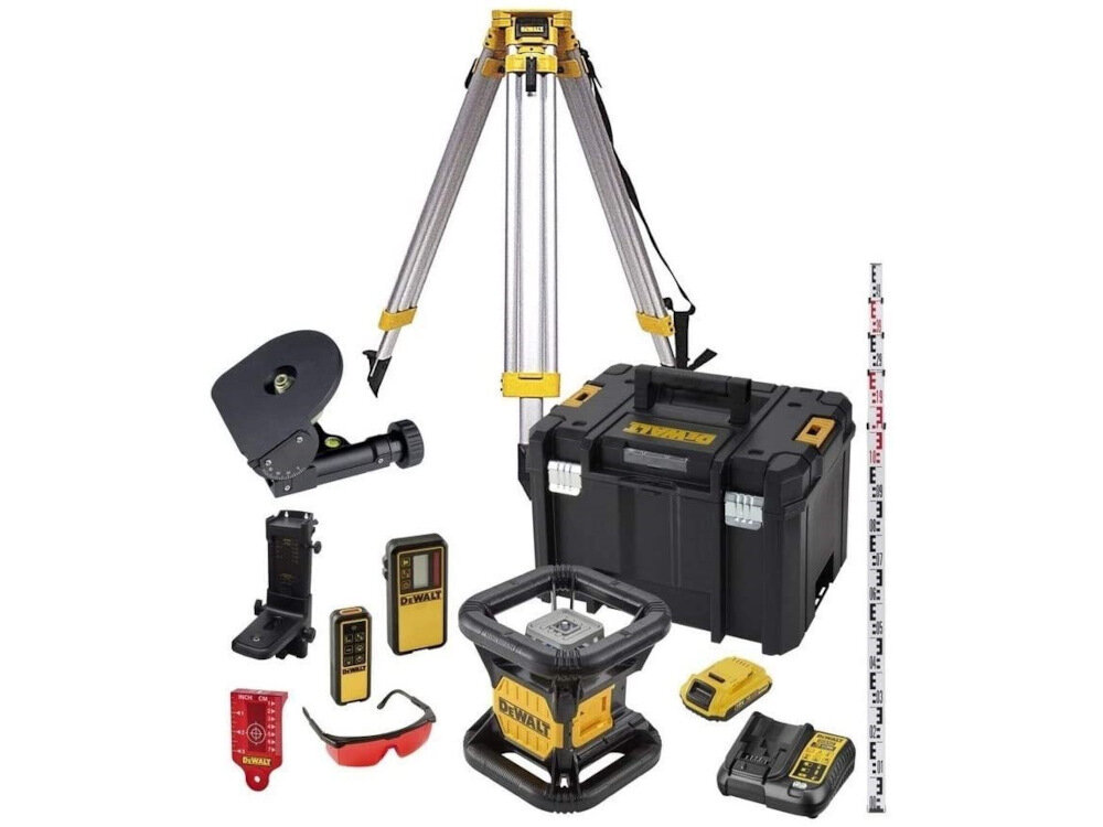 Zestaw pomiarowy DEWALT DCK374D1R-QW laser rotacyjny DCE074D1R statyw trojnozny DE0736 lata niwelacyjna DE0734 akumulator ladowarka detektor wiazki czerwonej DW0743R podstawa uchylna trojkatny adapter czerwone okulary tarcza celownicza walizka systemowa T-STAK typ DWST1-71195 dokumentacja