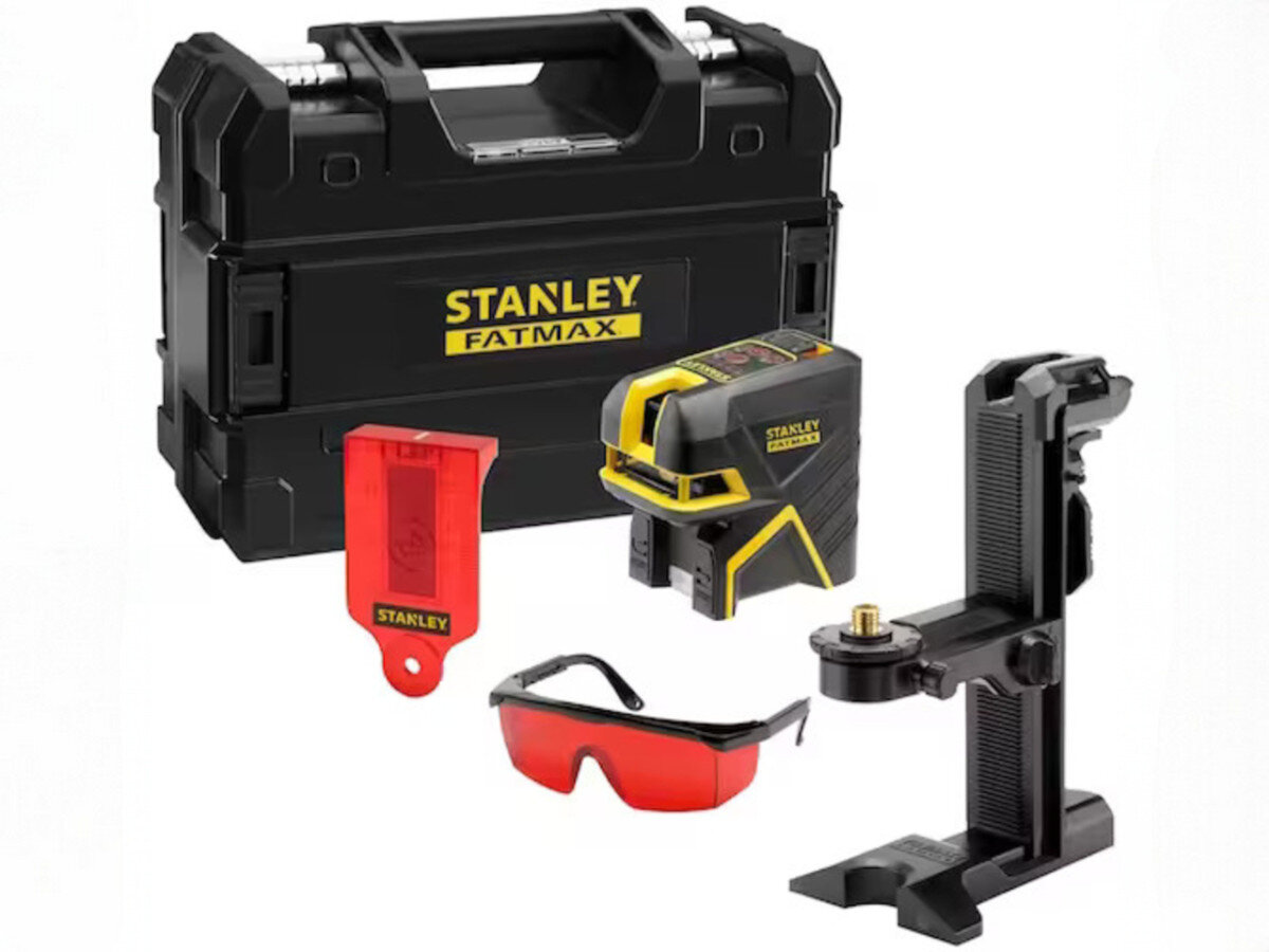 Laser punktowo-krzyżowy STANLEY FMHT1-77414, walizka, TSTAK, zestaw, transport, Zawartość zestawu: laser, okulary, tarcza celownicza, uchwyt i walizka TSTAK.