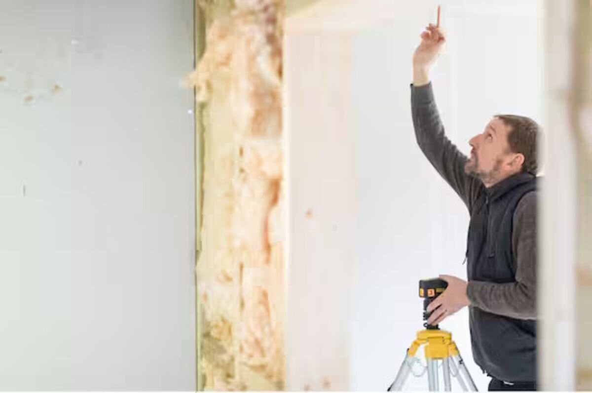 Laser punktowy STANLEY FMHT1-77413, akcesoria, montaż, baza, gwint, mężczyzna odmierza punkt dzięki laserowi punktowemu