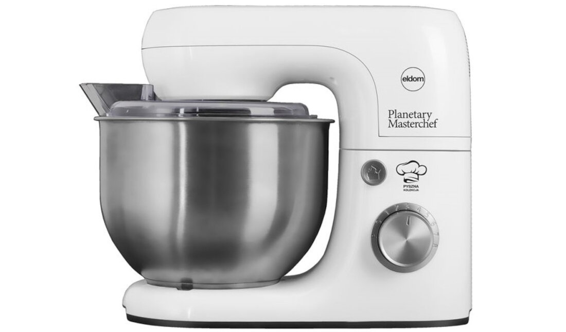 Na obrazie widoczny jest biały robot kuchenny z metalową misą. Na obudowie znajduje się logo \'eldom\' oraz napis \'Planetary Masterchef\'.