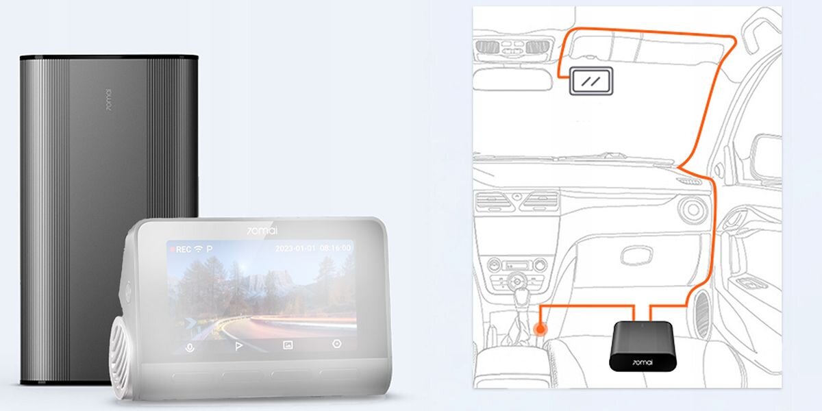 Obraz przedstawia powerbank z logo \'70MAI\' oraz schemat podłączenia urządzenia w samochodzie. Na ekranie wideorejestratora widoczny jest krajobraz z drogą i drzewami.