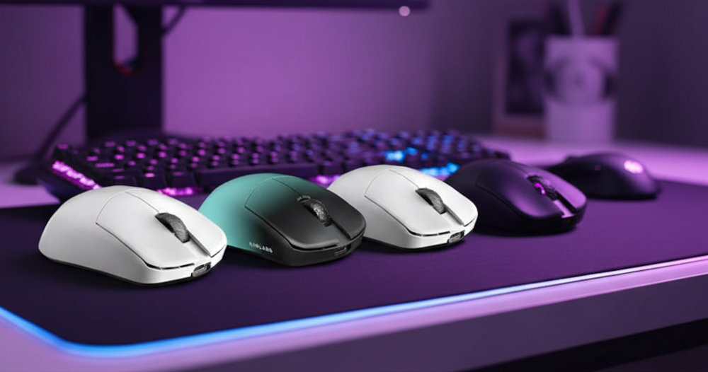 Na obrazie widoczne są cztery myszki komputerowe w różnych kolorach, ustawione na podkładce z podświetleniem LED. W tle znajduje się klawiatura z podświetleniem RGB.