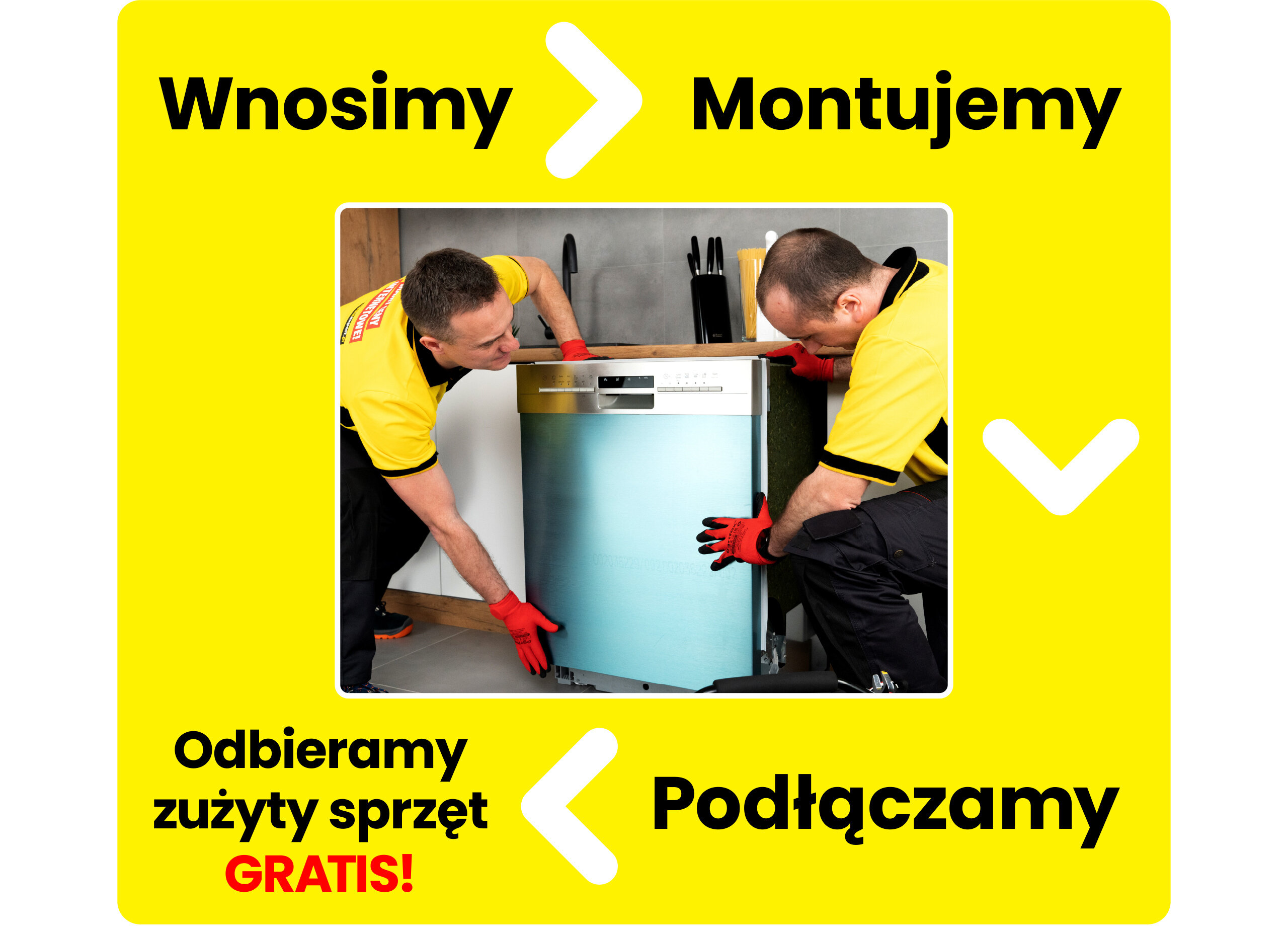 Dwóch mężczyzn w żółtych koszulkach i czerwonych rękawicach montuje zmywarkę. Na żółtym tle widnieje tekst: \'Wnosimy data-genbyai=