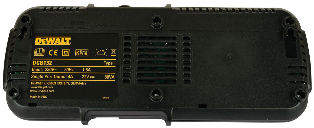 Ładowarka DEWALT DCB132 10.8/18V 4A, dwustopniowy, ładowanie, żywotność, temperatura, na białym tle tylna obudowa ładowarki