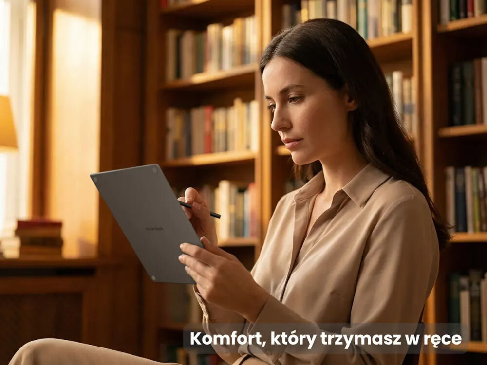 Osoba trzymająca czytnik e-booków w dłoni, siedząca w pomieszczeniu z półkami pełnymi książek. Na obrazie widoczny jest tekst: \'Komfort, który trzymasz w ręce\'.