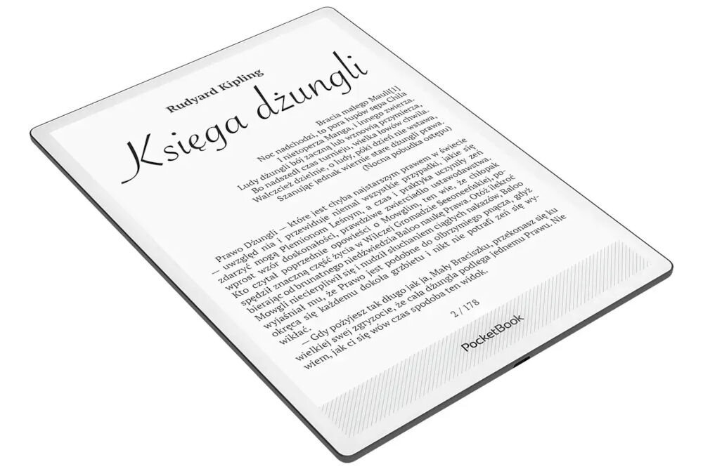 Czytnik e-booków wyświetla stronę książki \'Księga dżungli\' autorstwa Rudyarda Kiplinga. Na dole ekranu widoczny jest napis \'PocketBook\'.