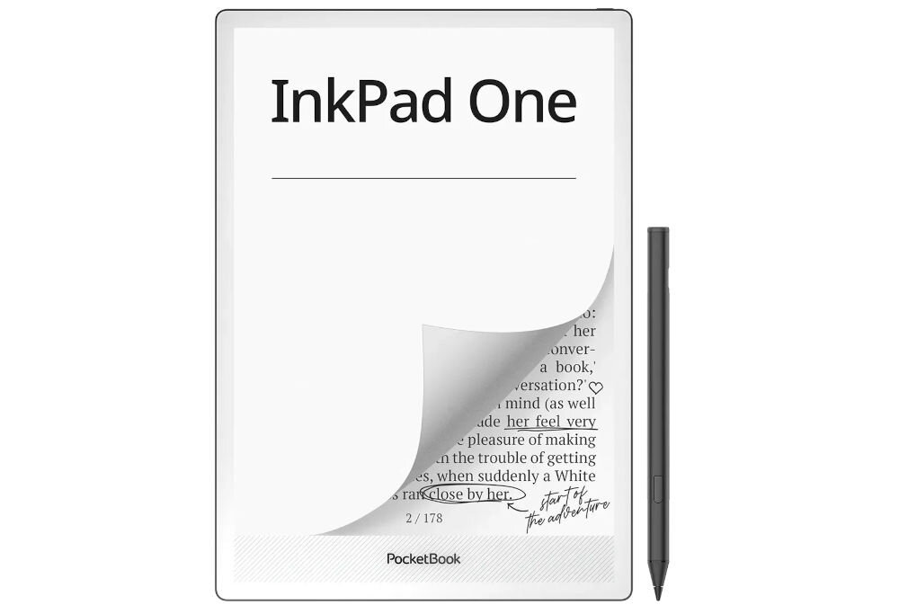 Na obrazie widoczny jest czytnik e-booków z napisem \'InkPad One\' na ekranie oraz długopisem obok. Na dole ekranu znajduje się logo \'PocketBook\'.