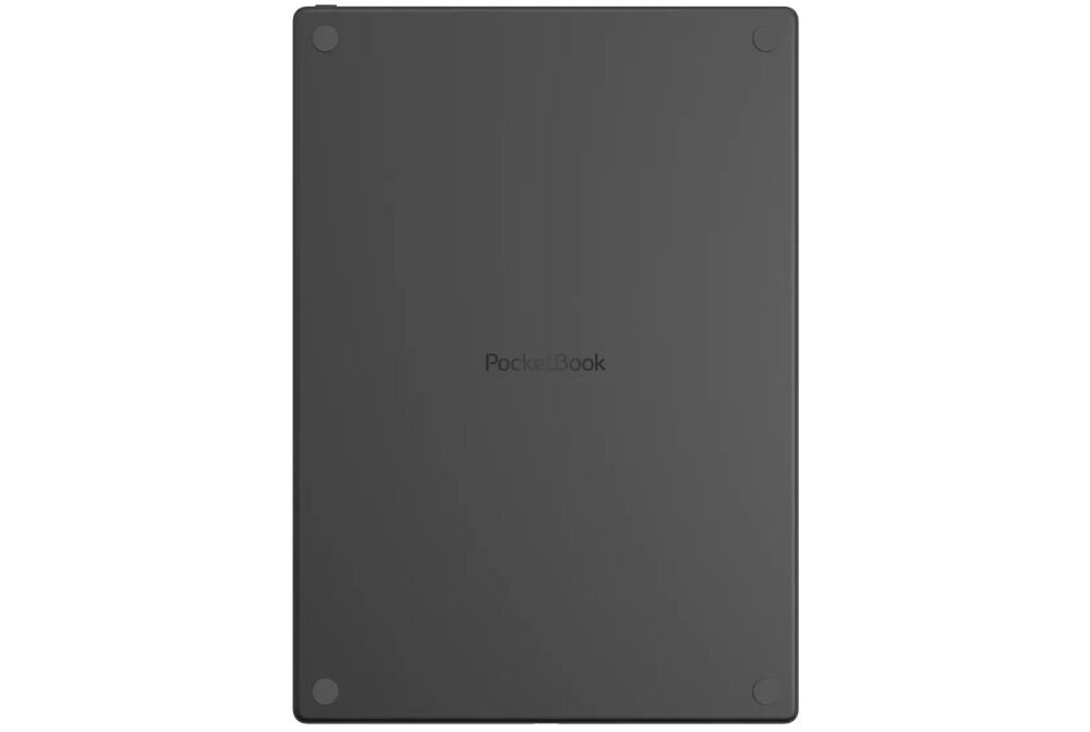 Czarny tył czytnika e-booków z logo \'PocketBook\' na środku. W rogach widoczne są cztery okrągłe elementy.