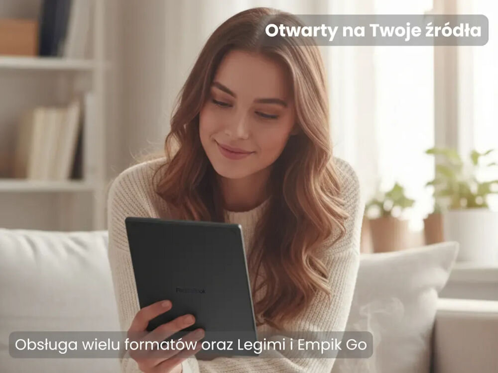 Osoba trzymająca czytnik e-booków z widocznym logo \'PocketBook\'. Tekst na obrazie: \'Otwarty na Twoje źródła\' oraz \'Obsługa wielu formatów oraz Legimi i Empik Go\'.