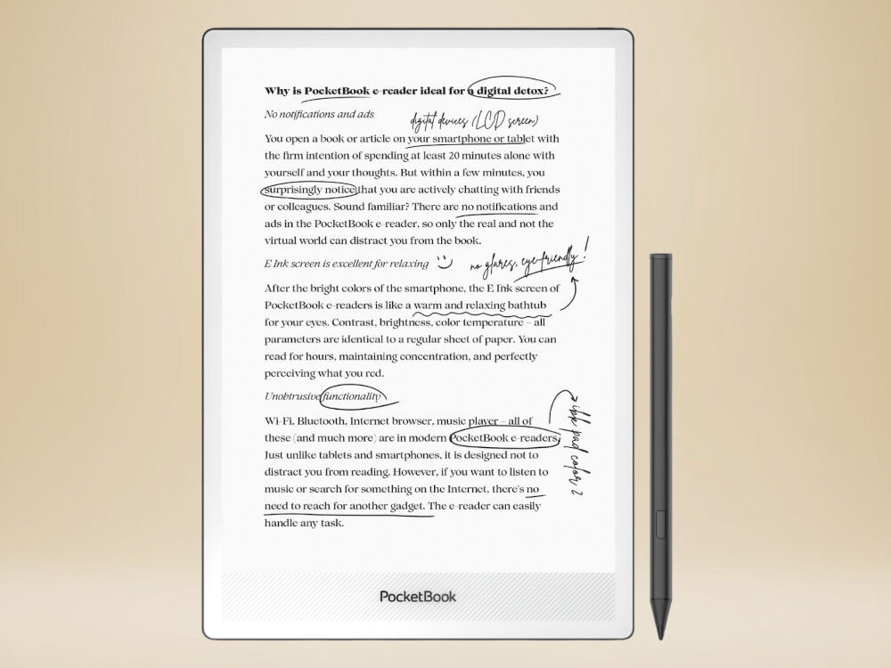 Na obrazie widoczny jest czytnik e-booków PocketBook z wyświetlonym tekstem dotyczącym zalet e-czytnika dla \'digital detox\'. Obok urządzenia znajduje się rysik, a na dole ekranu widnieje logo \'PocketBook\'.