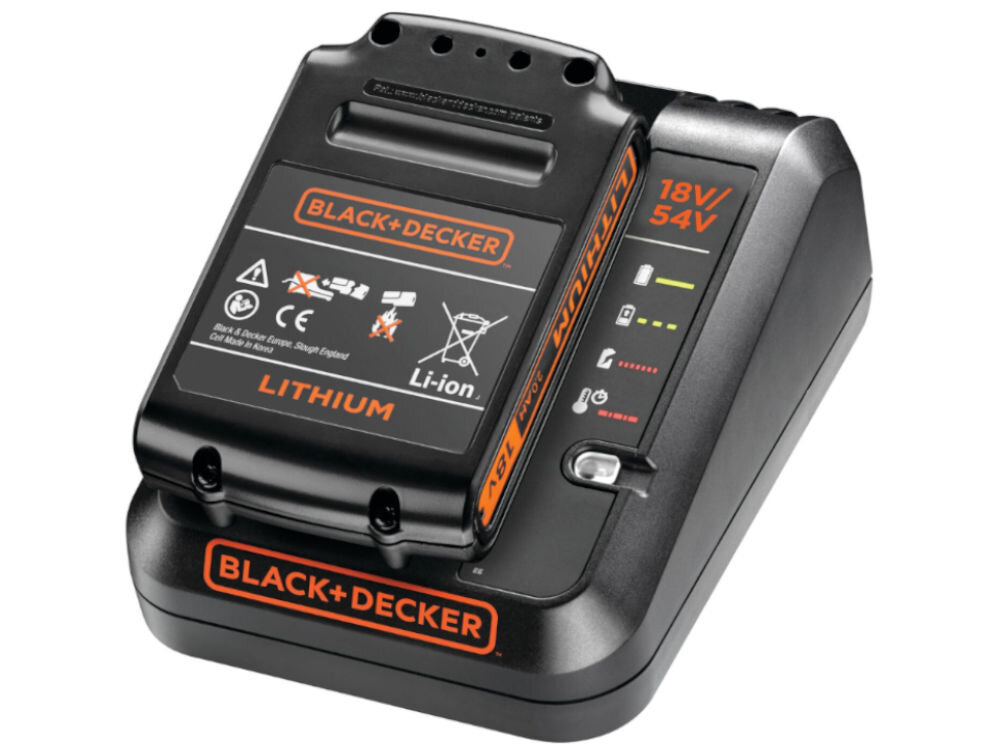 Ładowarka BLACK&DECKER BDC2A-QW 18/54V 2A, ładowanie, akumulator, szybko, Pełen zestaw na białym tle, od góry frontem