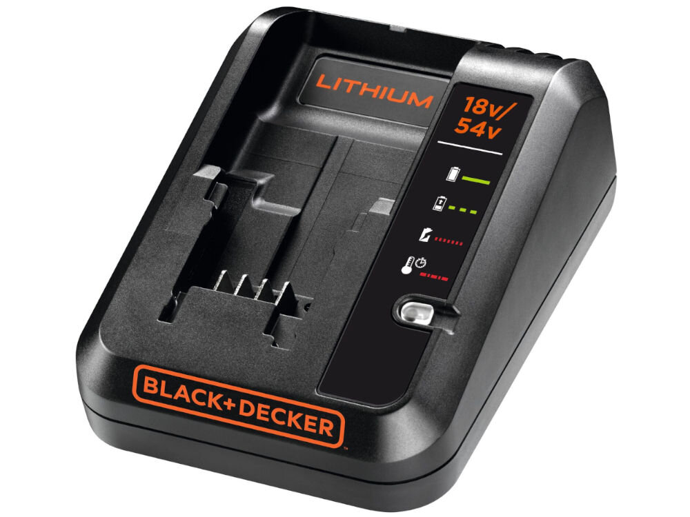 Ładowarka BLACK&DECKER BDC2A-QW 18/54V 2A, konstrukcja, waga, ustawienie, wyhamowanie, Ładowarka bez akumulatora na białym tle, od góry frontem prawo skos