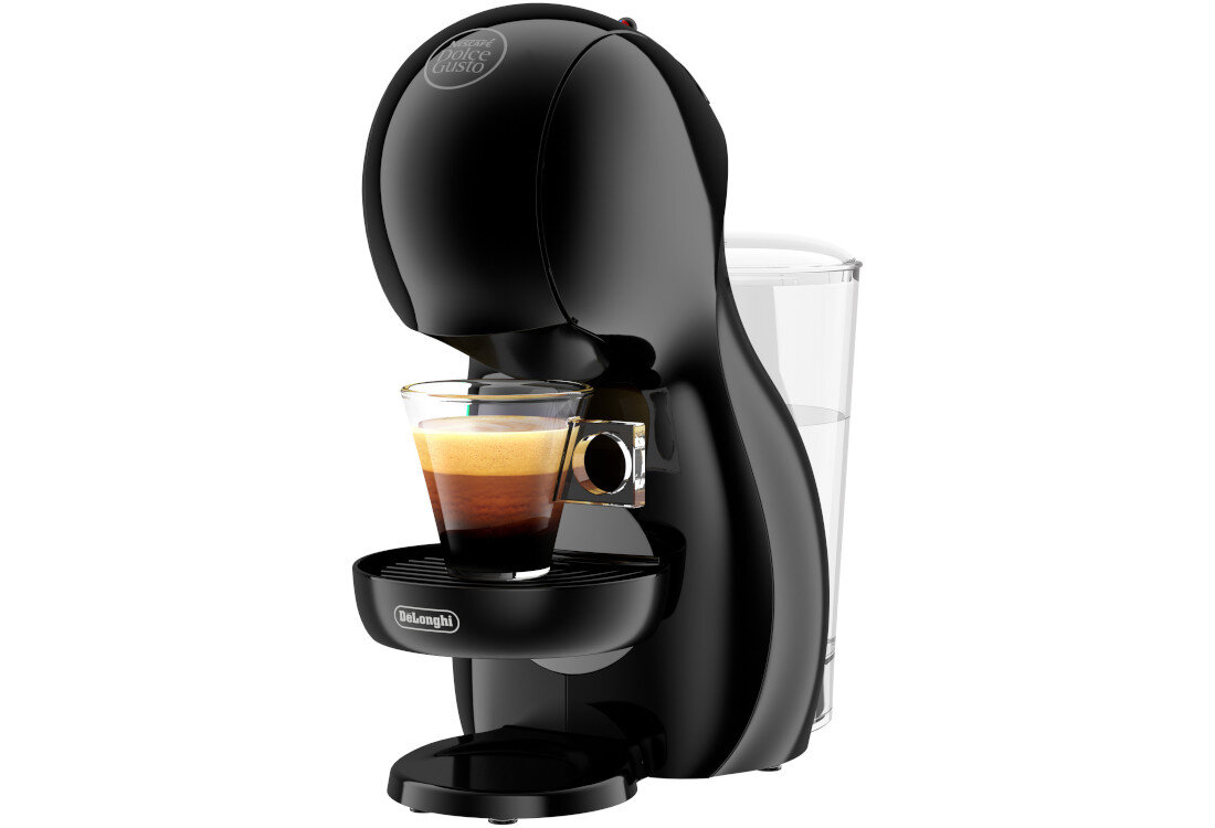 Czarny ekspres do kawy z filiżanką espresso na podstawce. Widoczne logo \'DeLonghi\' na przodzie urządzenia.