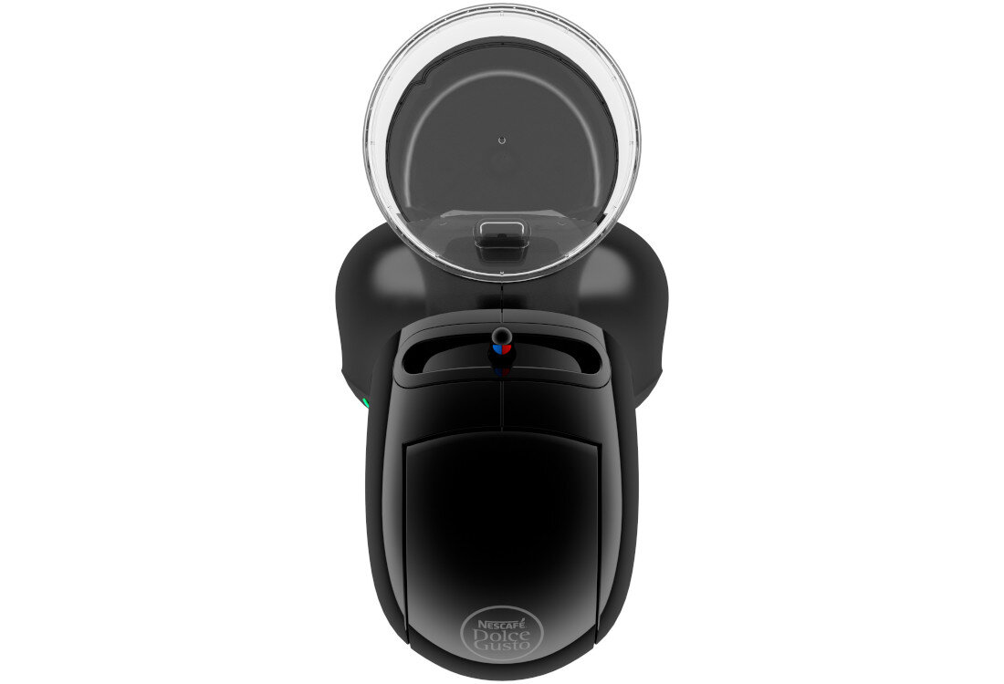 Czarny ekspres do kawy z widocznym logo \'Nescafe Dolce Gusto\' na przodzie. Urządzenie ma okrągły zbiornik na wodę i prosty panel sterowania.
