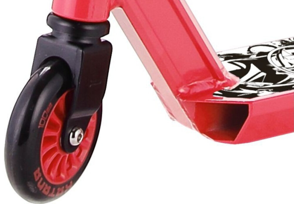 Hulajnoga wyczynowa PB Stunt Katana Czerwono-czarny dwa kolka z materialu PU twardosc 80A srednica 10 cm wysokiej klasy lozyska ABEC-7 plynny ruch osiaganie wysokich predkosci odpornosc na tarcia kompozytowy rdzen waga 3,1 kg