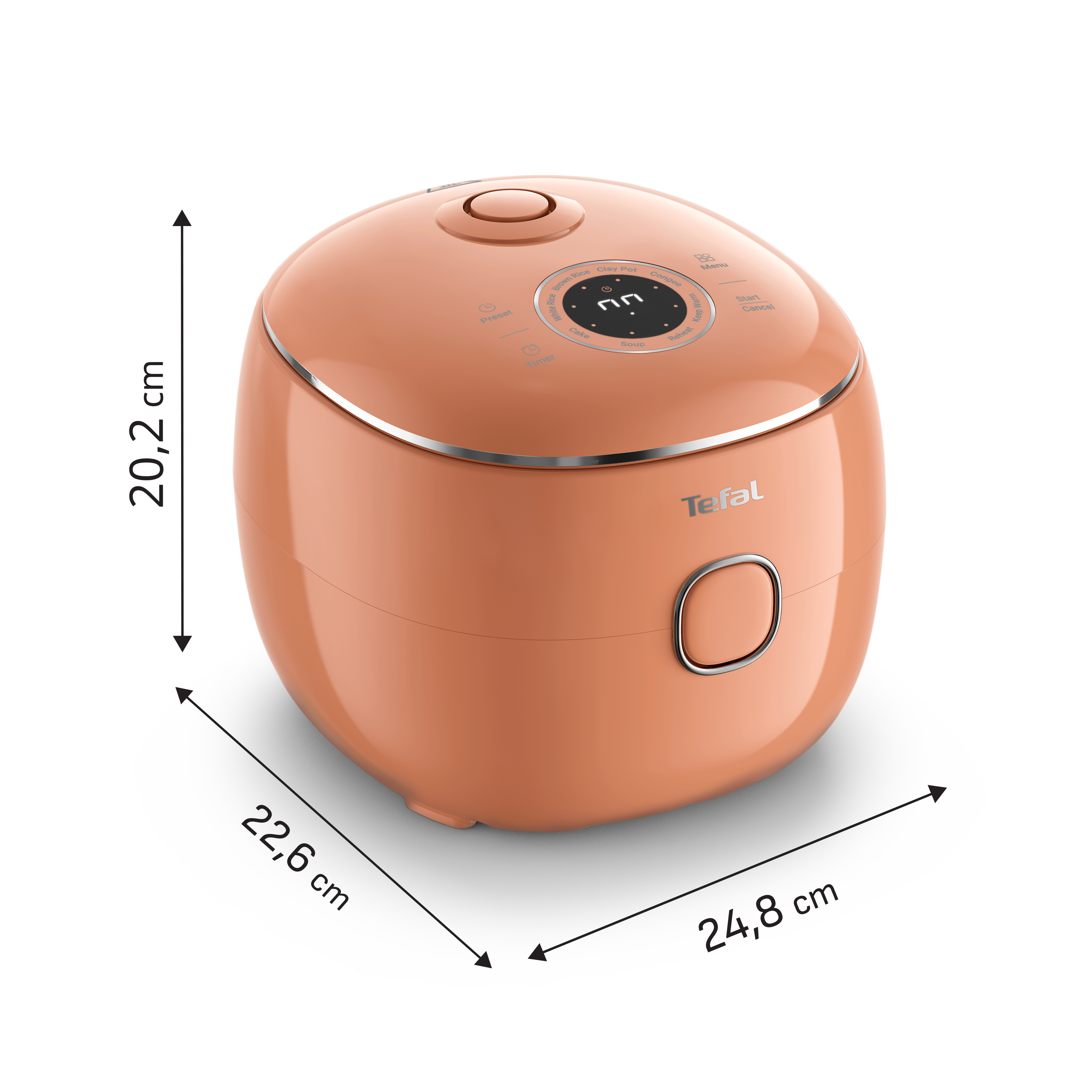 Na obrazie widoczny jest multicooker w kolorze pomarańczowym z logo \'Tefal\' na przodzie. Wymiary urządzenia to 22,6 cm na 24,8 cm.