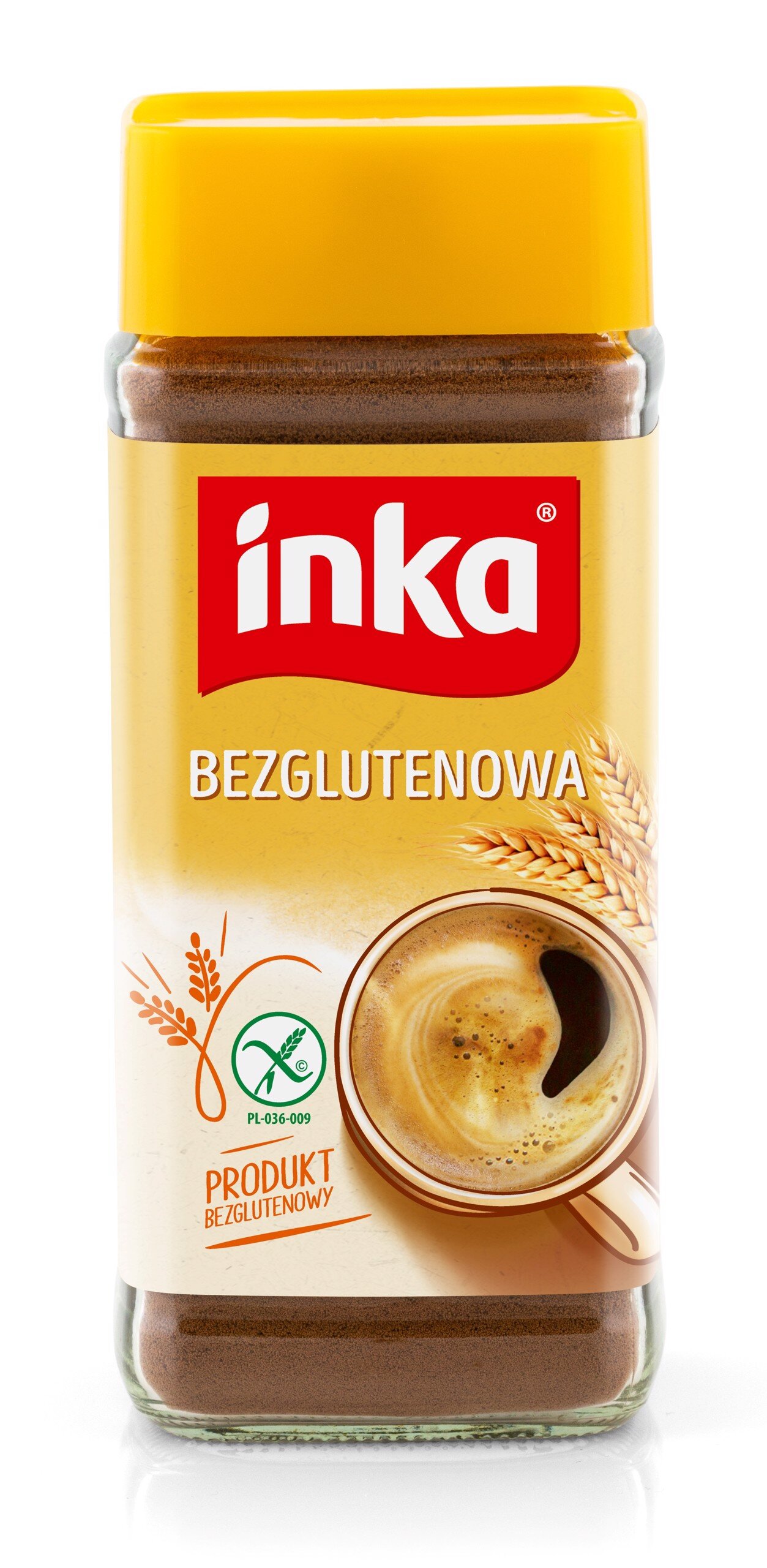 Szklany słoik z żółtą zakrętką zawiera produkt o nazwie \'inka BEZGLUTENOWA\'. Na etykiecie widoczny jest obraz filiżanki z napojem oraz kłosy zboża.
