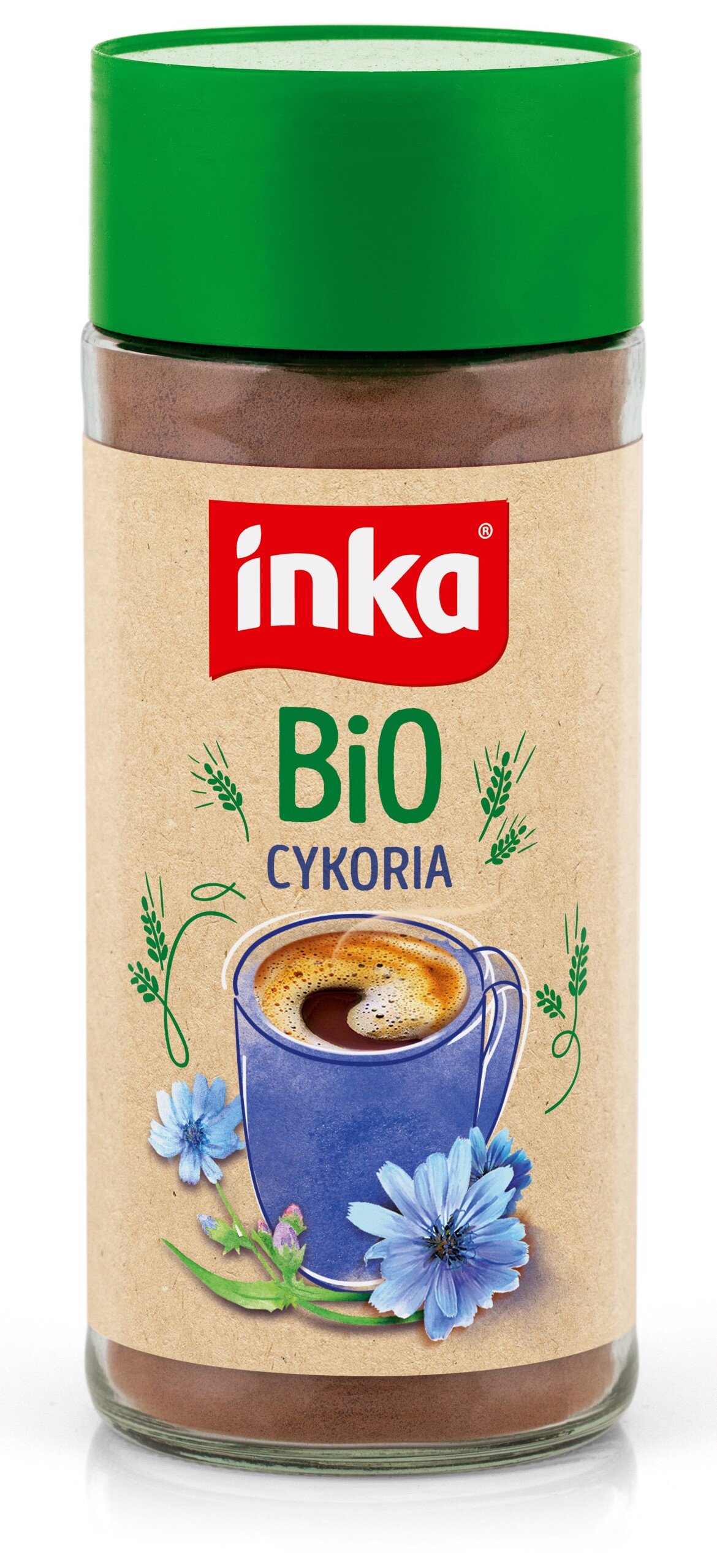 Szklany słoik z zieloną zakrętką zawiera produkt oznaczony jako \'inka BiO CYKORIA\'. Na etykiecie widoczna jest ilustracja filiżanki z napojem oraz kwiaty cykorii.