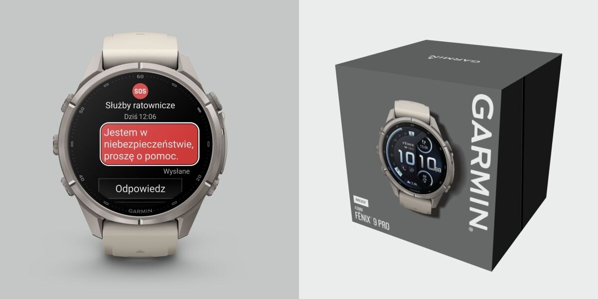 Zegarek sportowy z wyświetlaczem pokazującym komunikat SOS: \'Jestem w niebezpieczeństwie, proszę o pomoc.\' Obok znajduje się pudełko z napisem \'GARMIN FENIX 9 PRO\'.