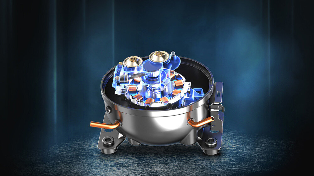 Obraz przedstawia metalowy element mechaniczny z widocznymi miedzianymi rurkami i niebieskimi elementami wewnętrznymi, umieszczony na ciemnym tle.