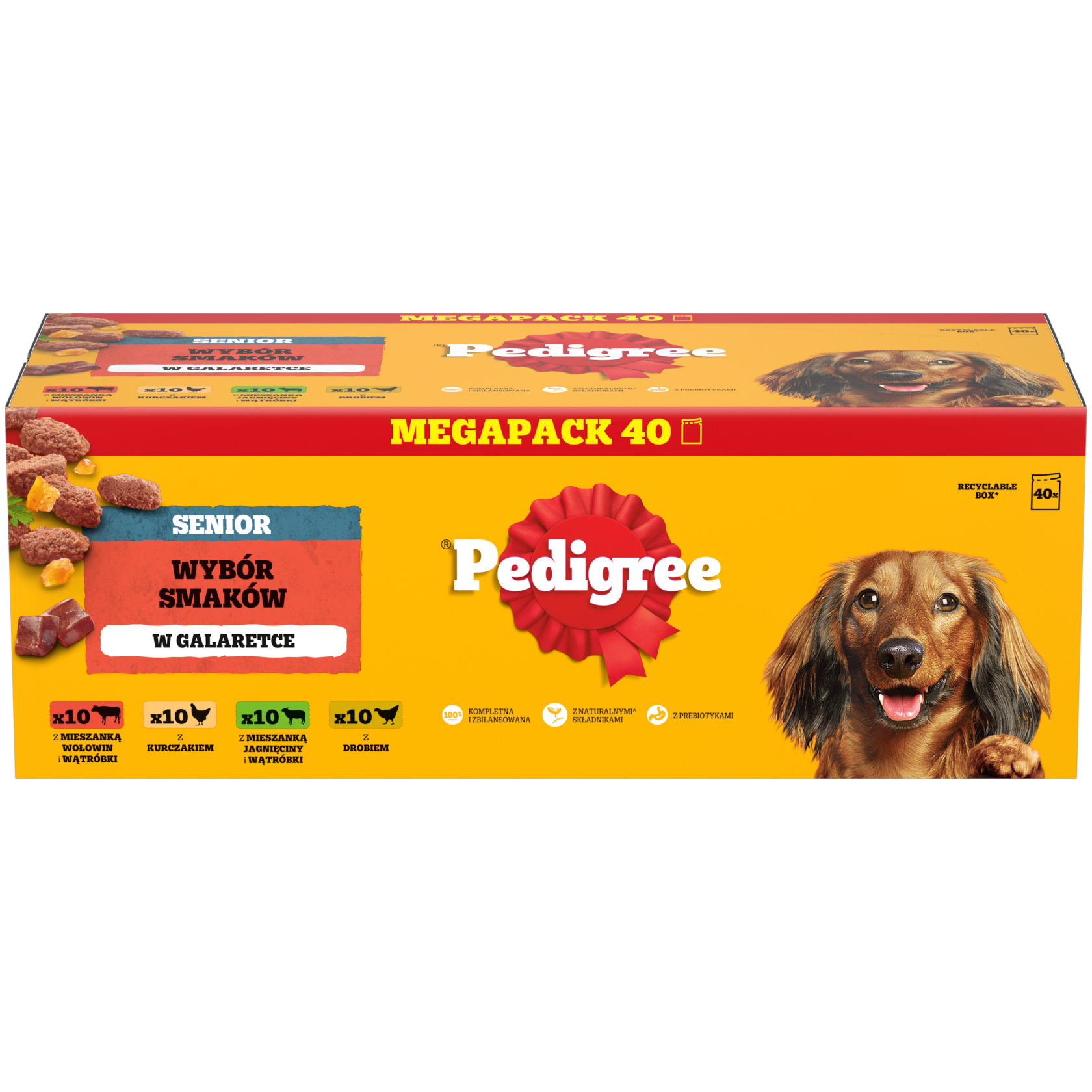 Opakowanie karmy dla psów marki Pedigree z napisem \'SENIOR WYBÓR SMAKÓW W GALARETCE\' oraz zdjęciem psa. Na opakowaniu widnieje informacja \'MEGAPACK 40\' i symbole różnych smaków karmy.