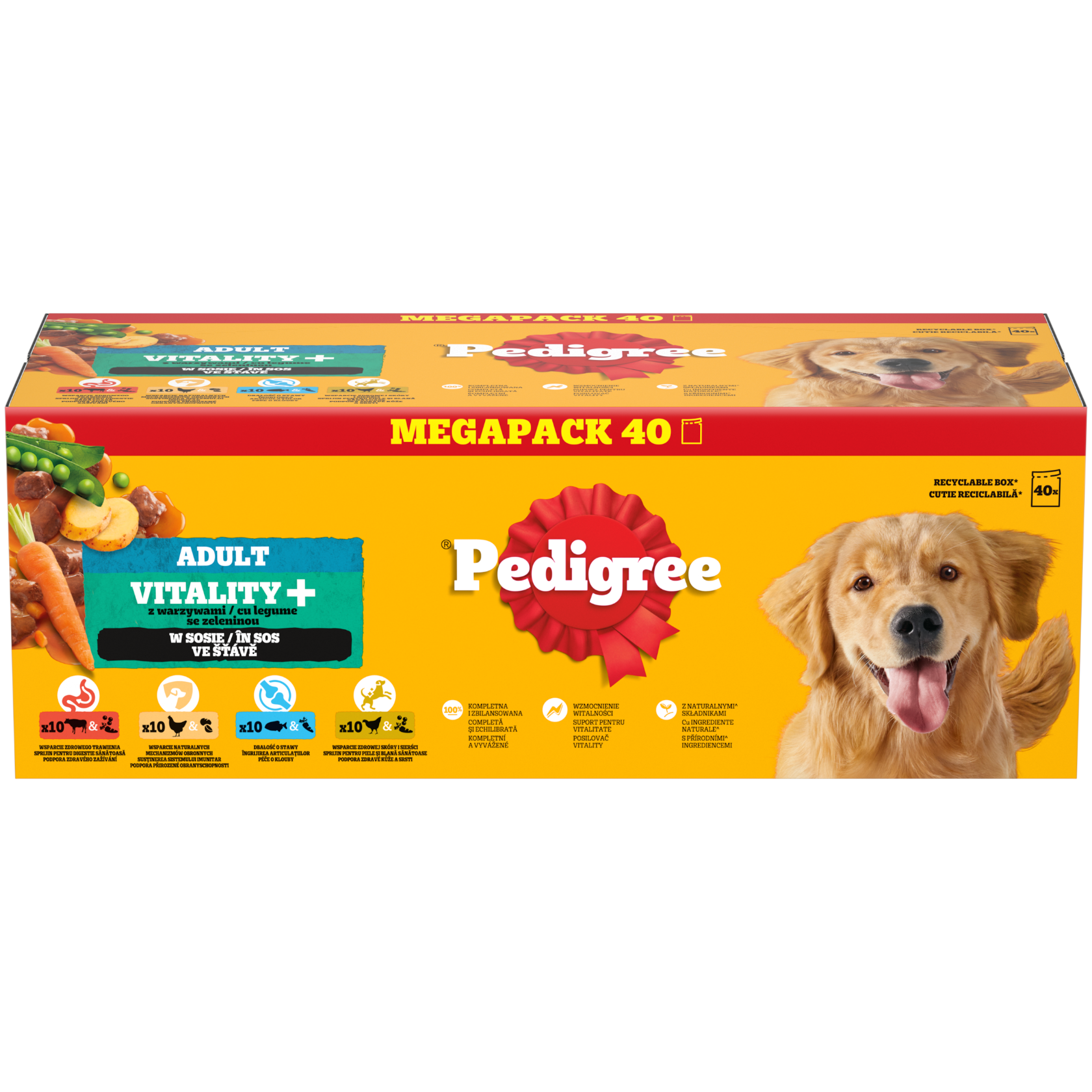 Opakowanie Pedigree® Adult Vitality+ z Warzywami w Sosie, 40 x 85 g, z wizerunkiem psa i kolorowymi grafikami warzyw. Widoczny napis: \'MEGAPACK 40\' oraz logo Pedigree.