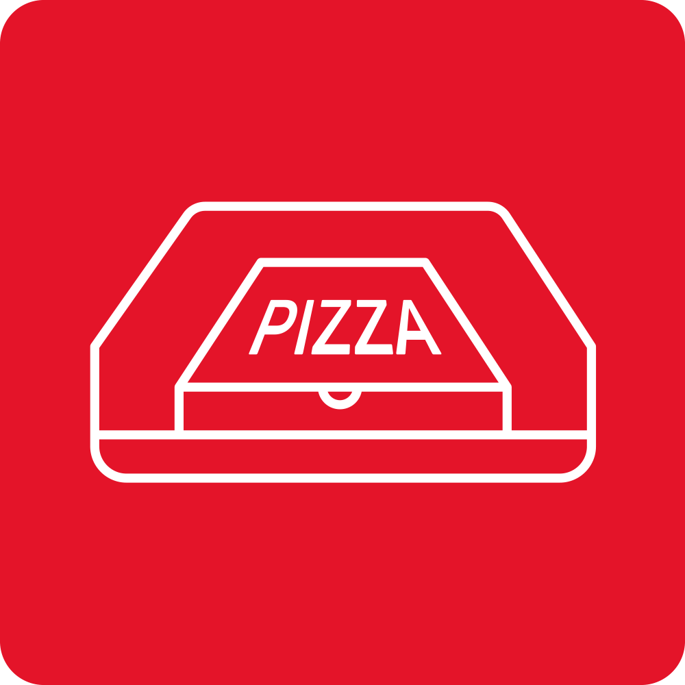 Czerwony kwadratowy znak z białym konturem pudełka na pizzę i napisem \'PIZZA\'.