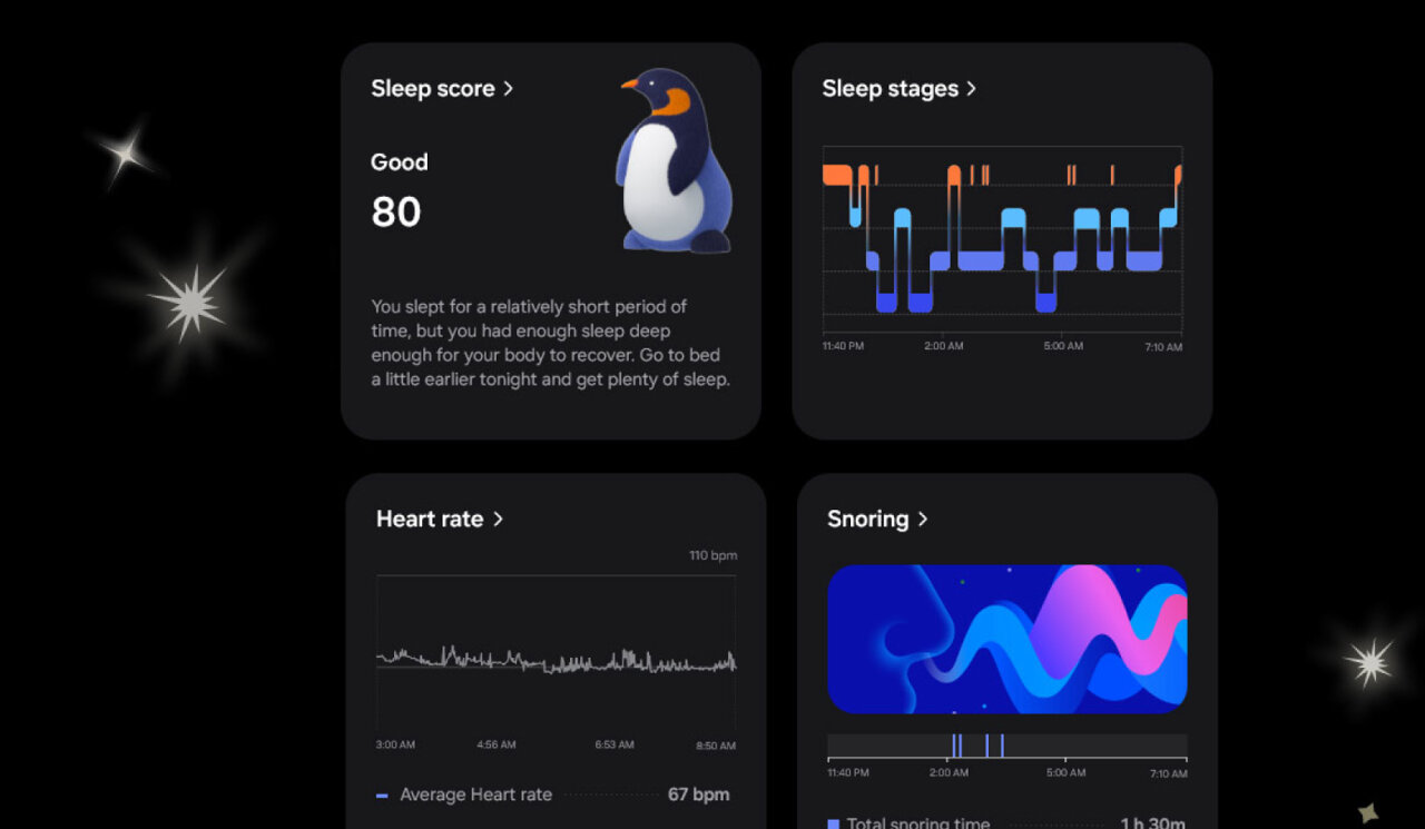 Obraz przedstawia cztery panele z informacjami o śnie i zdrowiu. Widoczne są wykresy dotyczące snu, tętna i chrapania oraz rysunek pingwina z wynikiem \'Sleep score: Good 80\'.
