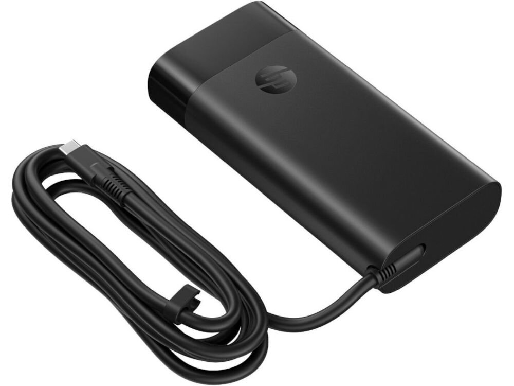 Czarny zasilacz do laptopa z logo producenta, z dołączonym kablem USB-C.
