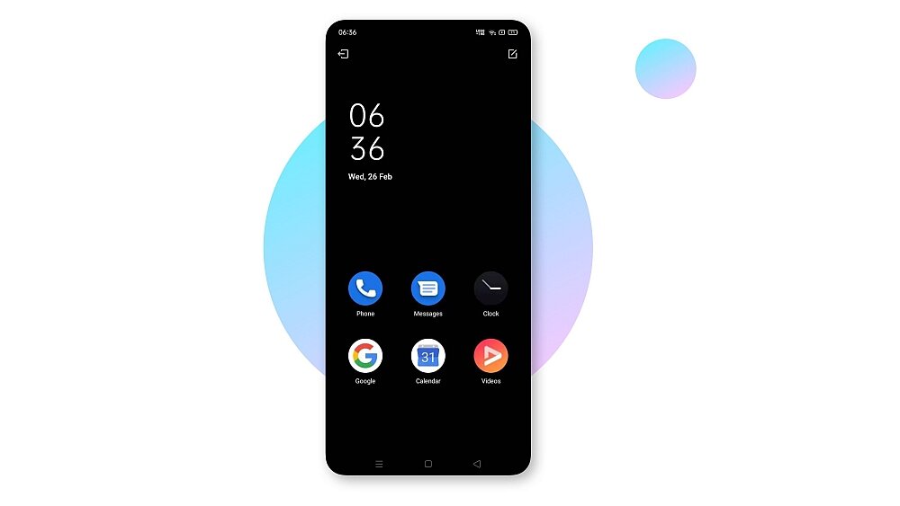 Smartfon z wyświetlaczem pokazującym godzinę 06:36 i datę Wed, 26 Feb. Na ekranie widoczne są ikony aplikacji: Phone, Messages, Clock, Google, Calendar, Videos.